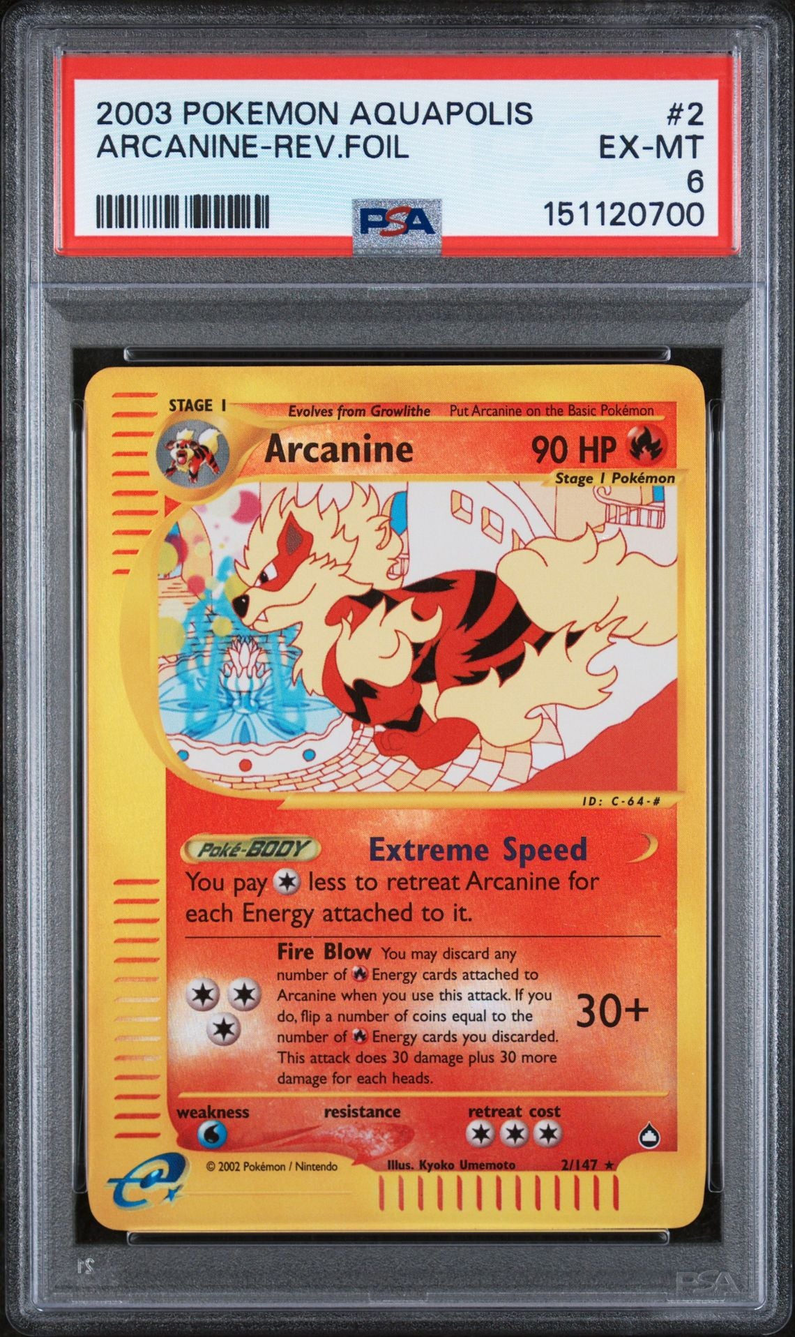 ARCANINE-REV.FOIL 2003 POKEMON AQUAPOLIS PSA EX-MT 6