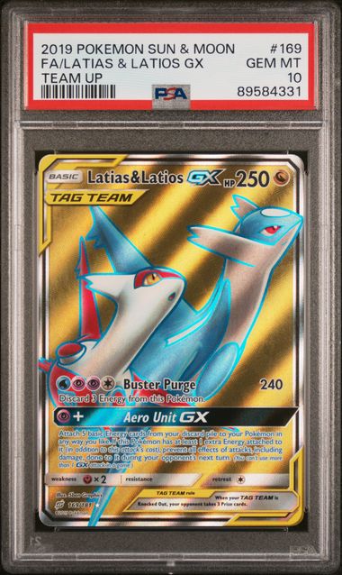 2019 POKEMON SUN & MOON TEAM UP #169 FA/LATIAS & LATIOS GX TEAM UP PSA 10
