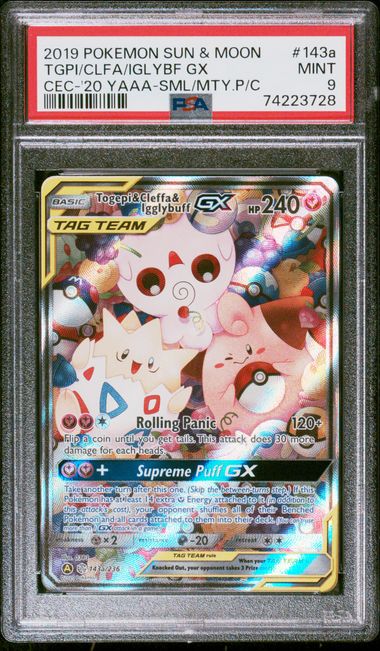 2019 POKEMON SUN & MOON COSMIC ECLIPSE #143a TGPI/CLFA/IGLYBF GX CEC-'20 YAAA-SML/MTY.P/C PSA 9