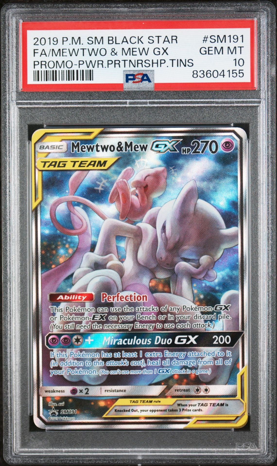 FA/MEWTWO & MEW GX PROMO-PWR.PRTNRSHP.TINS 2019 POKEMON SM BLACK STAR PROMO PSA GEM MT 10