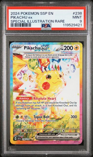 2024 Pokémon Ssp EN-Surging Sparks #238 Pikachu EX - Holo Special Illustration Rare PSA 9