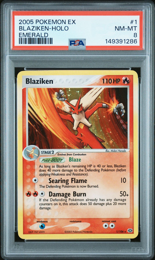 BLAZIKEN-HOLO EMERALD 2005 POKEMON EX EMERALD PSA NM-MT 8