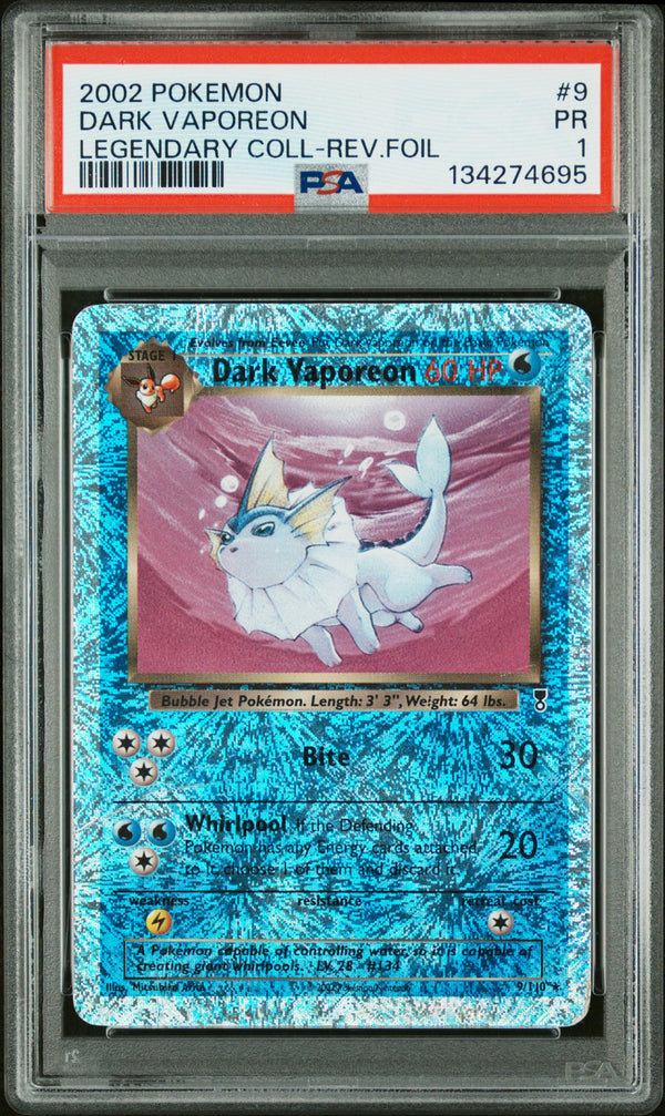 2002 POKEMON LEGENDARY COLLECTION #9 DARK VAPOREON LEGENDARY COLL-REV.FOIL PSA 1