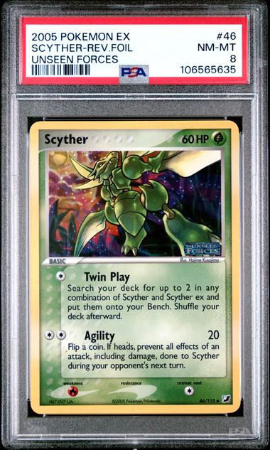 SCYTHER-REV.FOIL UNSEEN FORCES 2005 POKEMON EX UNSEEN FORCES PSA NM-MT 8