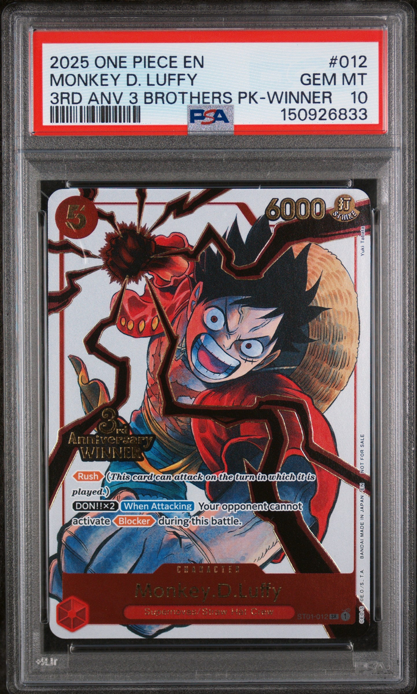 MONKEY D. LUFFY 3RD ANV 3 BROTHERS PK-WINNER 2025 ONE PIECE 3RD ANNIVERSARY TOURNAMENT 3 BROTHERS PACK PSA GEM MT 10