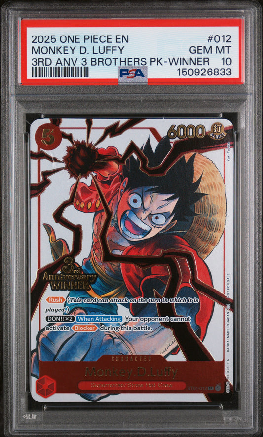 MONKEY D. LUFFY 3RD ANV 3 BROTHERS PK-WINNER 2025 ONE PIECE 3RD ANNIVERSARY TOURNAMENT 3 BROTHERS PACK PSA GEM MT 10