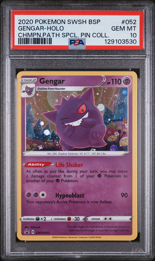 GENGAR-HOLO CHMPN.PATH SPCL. PIN COLL. 2020 POKEMON SWSH BLACK STAR PROMO PSA GEM MT 10