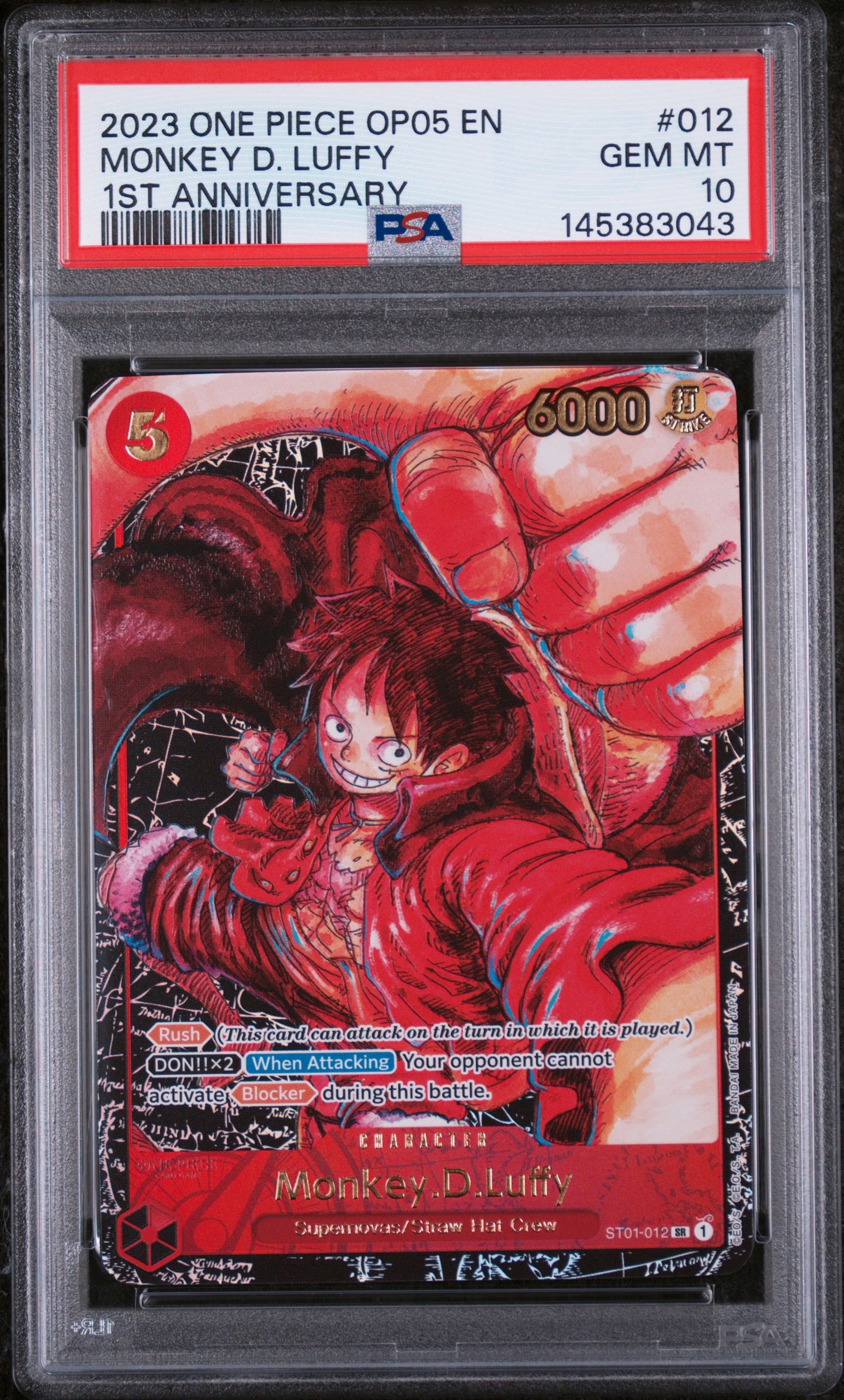 MONKEY D. LUFFY 1ST ANNIVERSARY 2023 ONE PIECE OP05-AWAKENING OF THE NEW ERA PSA GEM MT 10