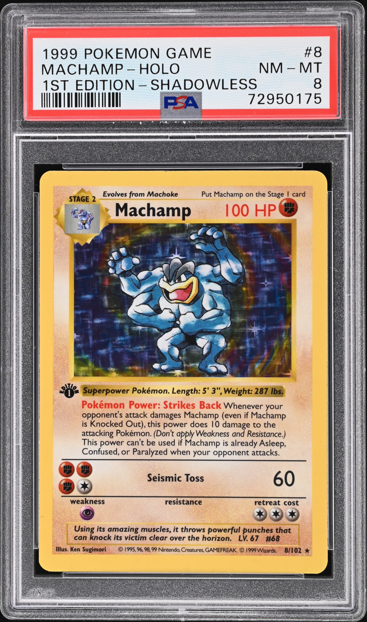 MACHAMP-HOLO 1ST EDITION-SHADOWLESS 1999 POKEMON GAME PSA NM-MT 8