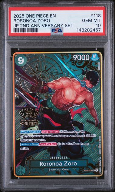 2025 ONE PIECE JAPANESE 2ND ANNIVERSARY SET #118 RORONOA ZORO PAS 10 PSA 10