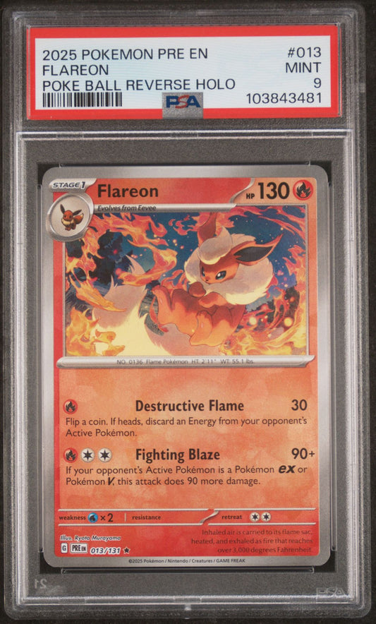 FLAREON POKE BALL REVERSE HOLO 2025 POKEMON PRE EN-PRISMATIC EVOLUTIONS PSA MINT 9