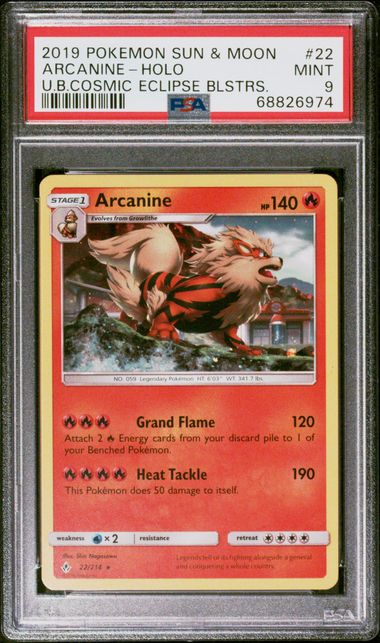 2019 POKEMON SUN & MOON UNBROKEN BONDS #22 ARCANINE-HOLO U.B.COSMIC ECLIPSE BLSTRS. PSA 9