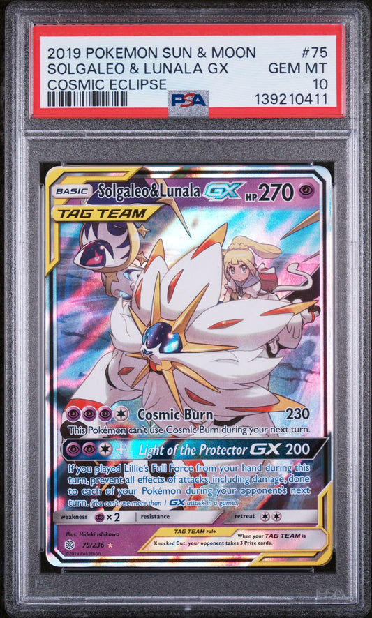 SOLGALEO & LUNALA GX COSMIC ECLIPSE 2019 POKEMON SUN & MOON COSMIC ECLIPSE PSA GEM MT 10